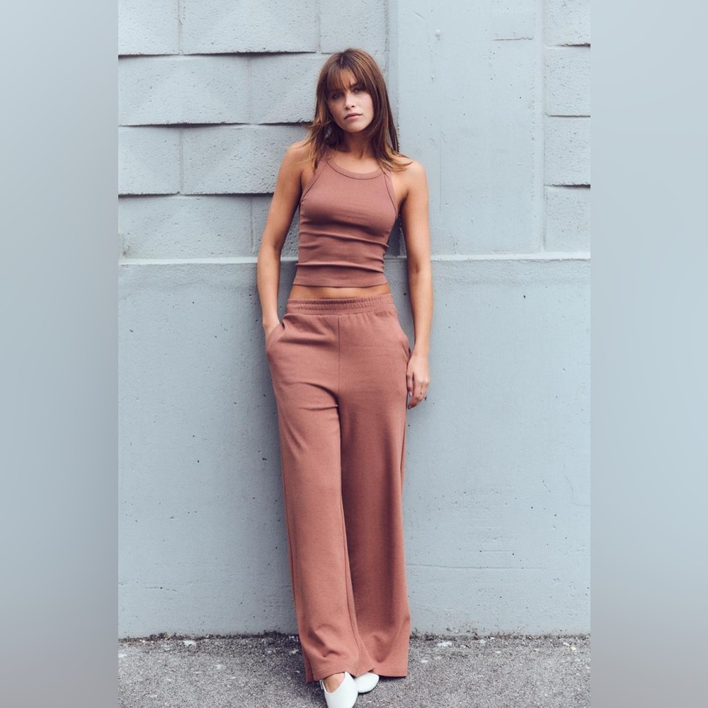 NWOT Zara Soft Mauve Brown Wide Leg Casual Cotton Jogger Trousers Sz L - Picture 1 of 10